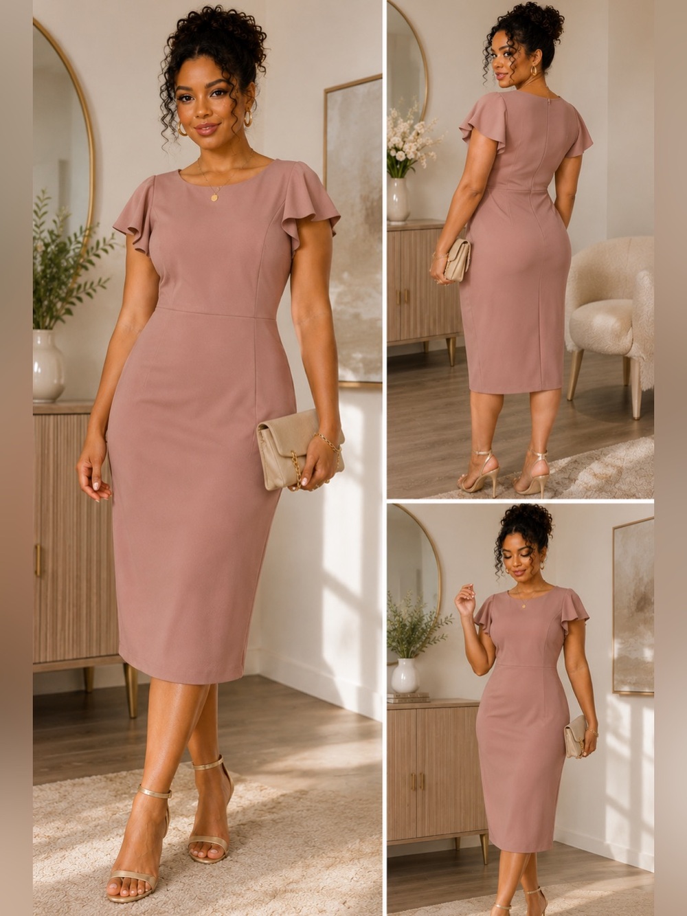 Boohoo Curve Crepe Ruffle Tailored Midi Dress – Desert Rose | Size 16 | NWT
